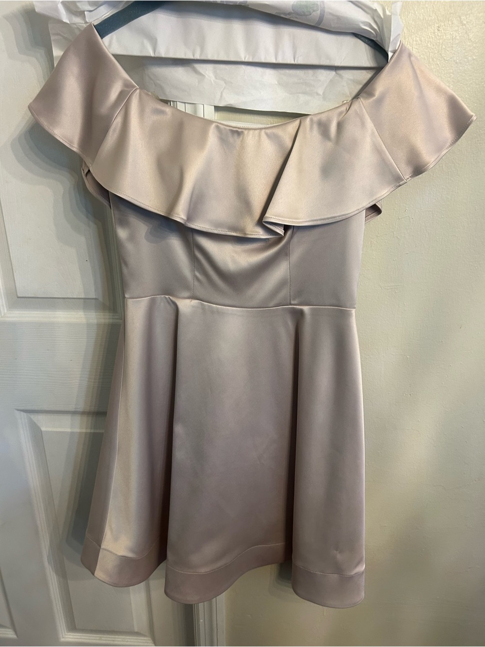 One-Shoulder Ruffle Satin Dress in Light Blush